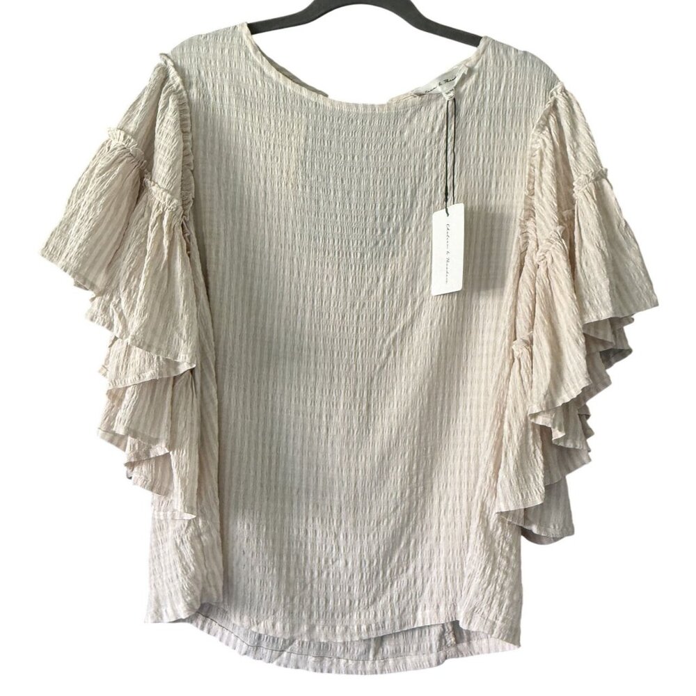 Chelsea & Theodore Beige White Stripe Ruffle Sleeve Casual Office Blouse M NWT